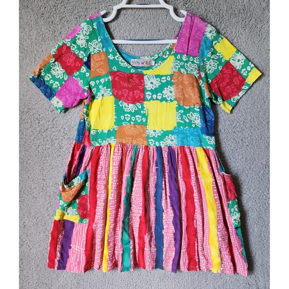 Jams World Mini Dress Womens Small Multi Color Patchwork Striped Short Sleeve